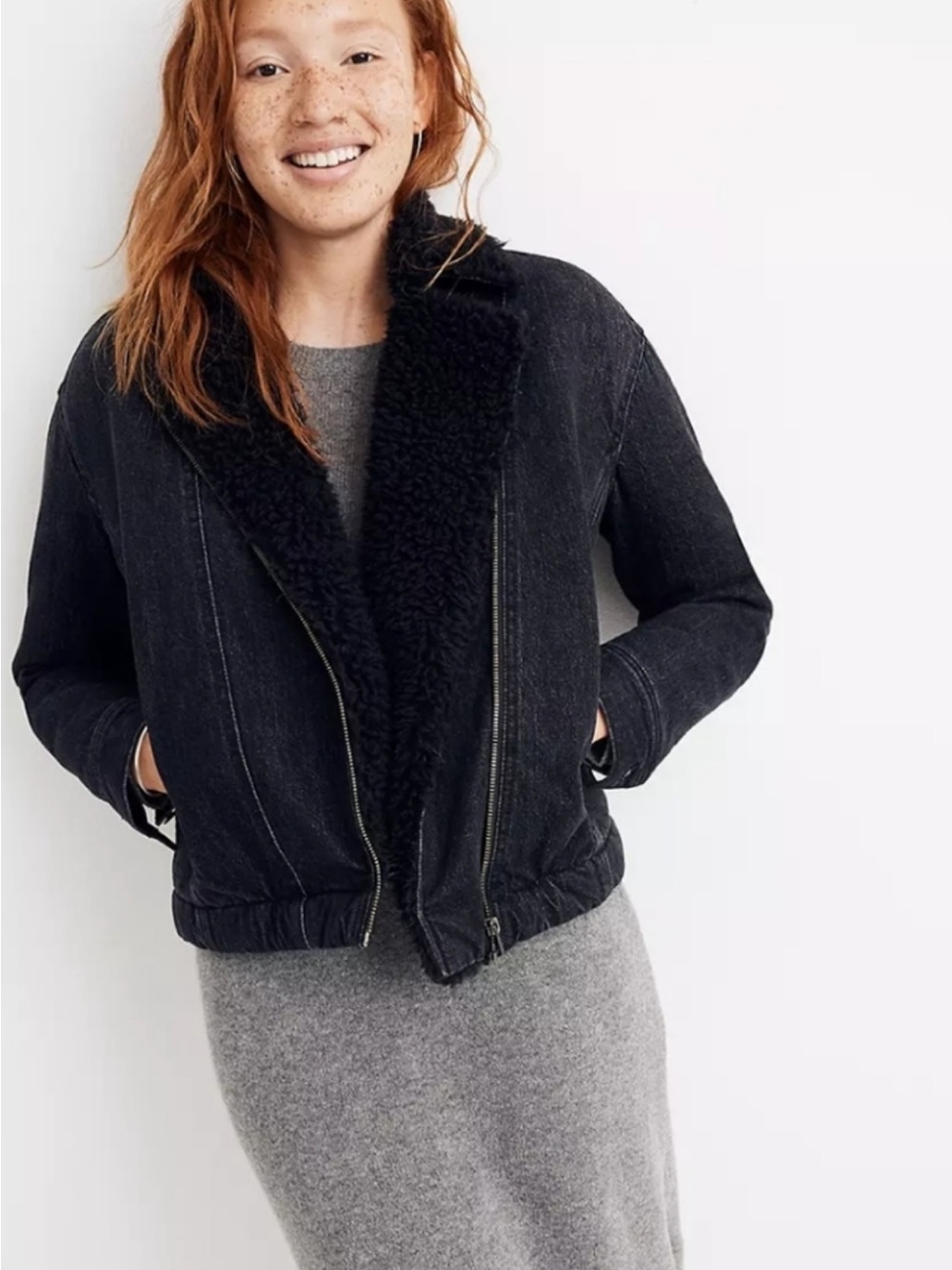 Madewell Black Denim Sherpa Lined Moto Jacket Size XL